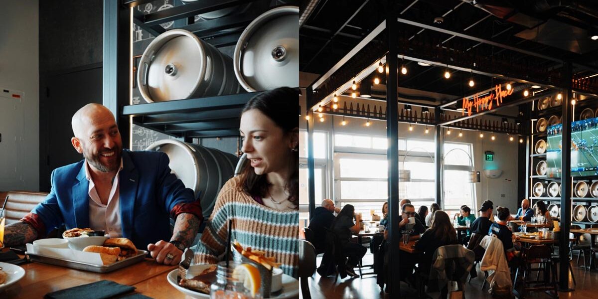 Family and friends eating and drinking at the 12th Street Tavern with spacious seating